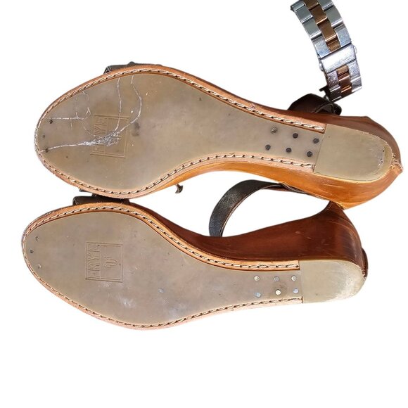 Frye Carol Seam Bronze Leather Open Toe Wedge Sandals Cognac Tan Size 7 - Picture 10 of 12